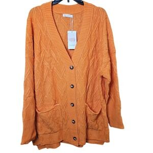 Kirundo Womens XL Orange Cable Knit Cardigan Button Front‎ V-Neck Pocket Sweater